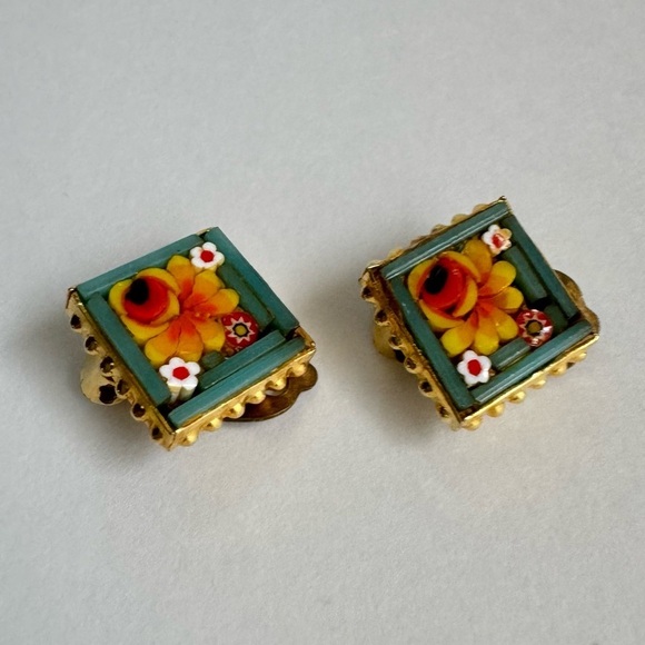 Micro Mosaic Floral Gold Green Clip On Earrings Vintage Romantic Italy Italian - Picture 4 of 9